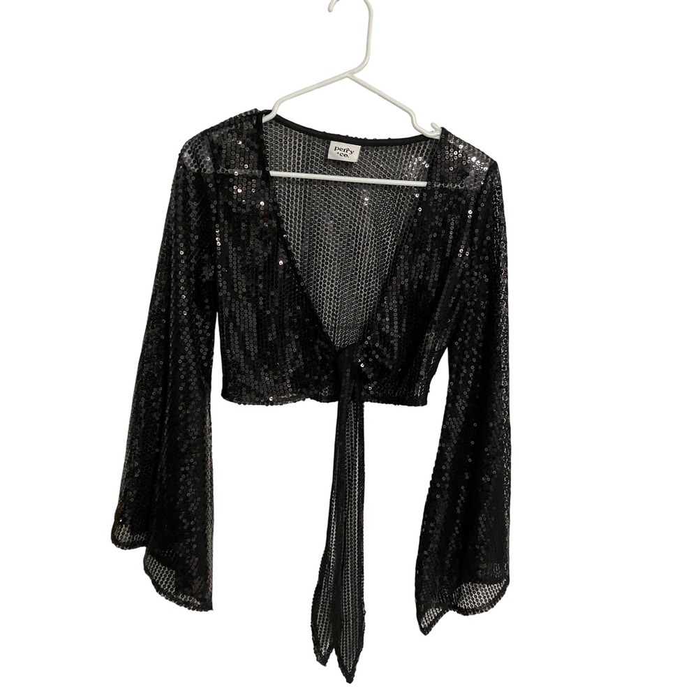 Sparkling Black Sequin Tie Front Crop Top Bell Sleeve Sheer Mesh sz medium NWOT
